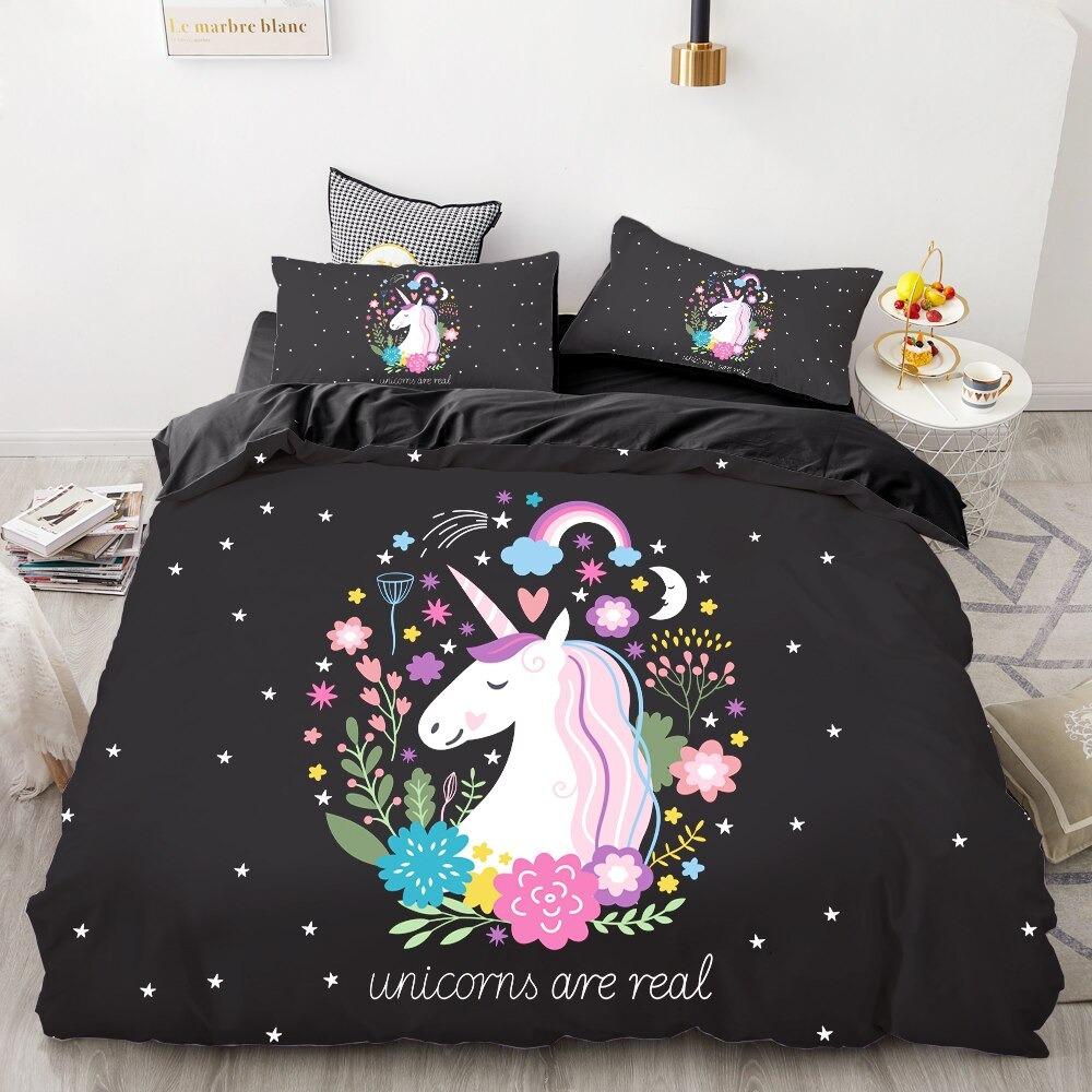 housse de couette licorne fond noir