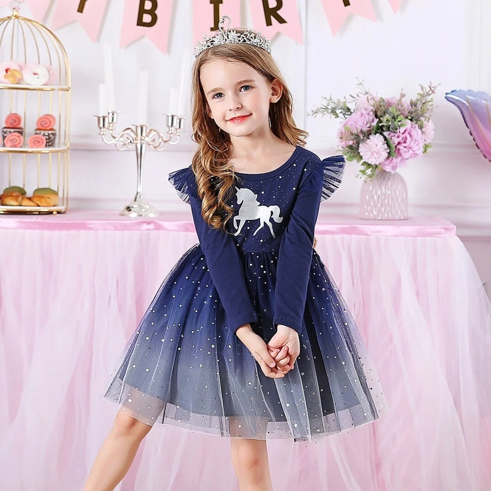 Robe Licorne Fille Bleu à Manches Longues