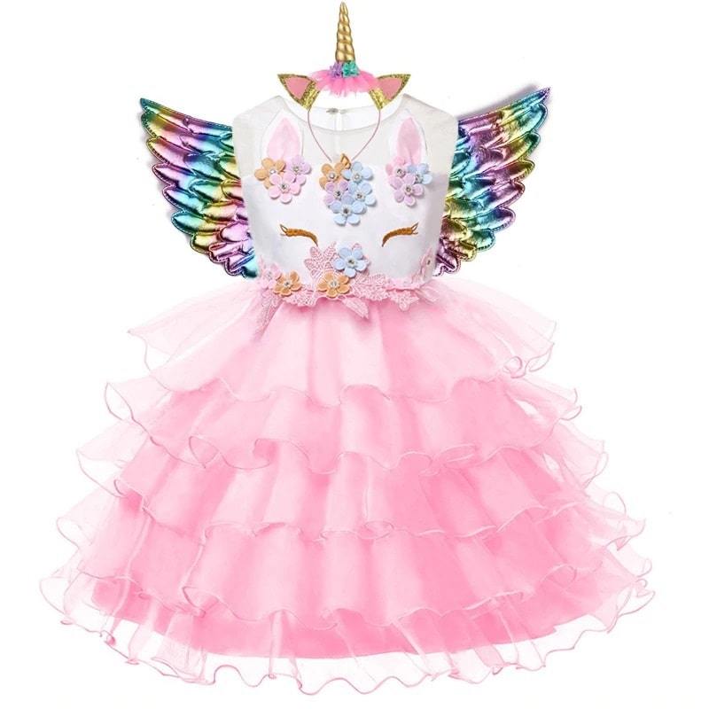 Robe Licorne Fille à Volants en Tulle Rose