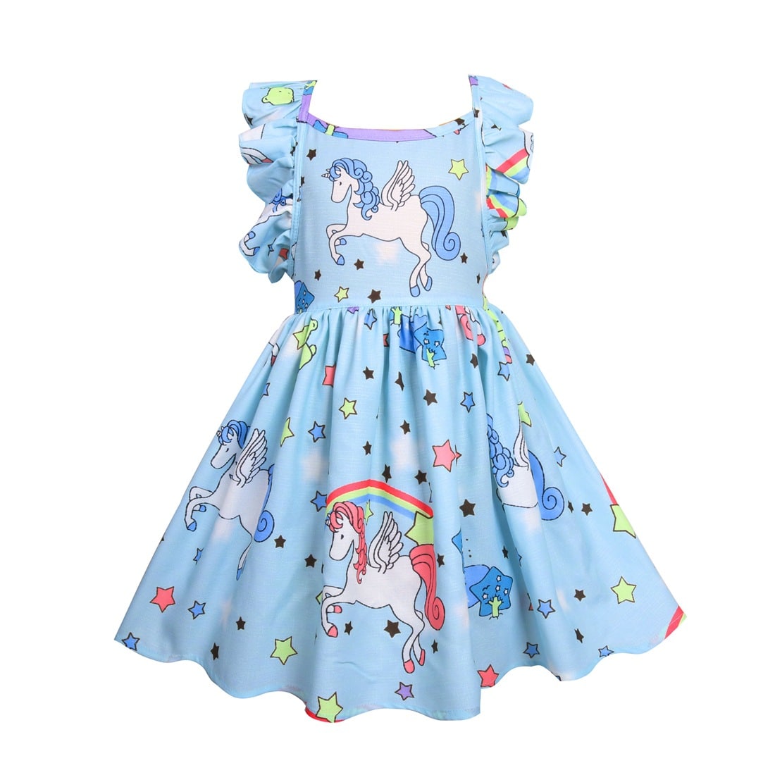 robe licorne fille bleue à manches courtes