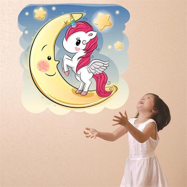 Sticker licorne sur lune mur